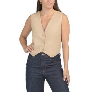 WHITE CLOSET Beige Linen Cropped Vest